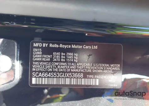 2016 Rolls-Royce Ghost z USA, uszkodzony, nr VIN SCA664S53GUX53668